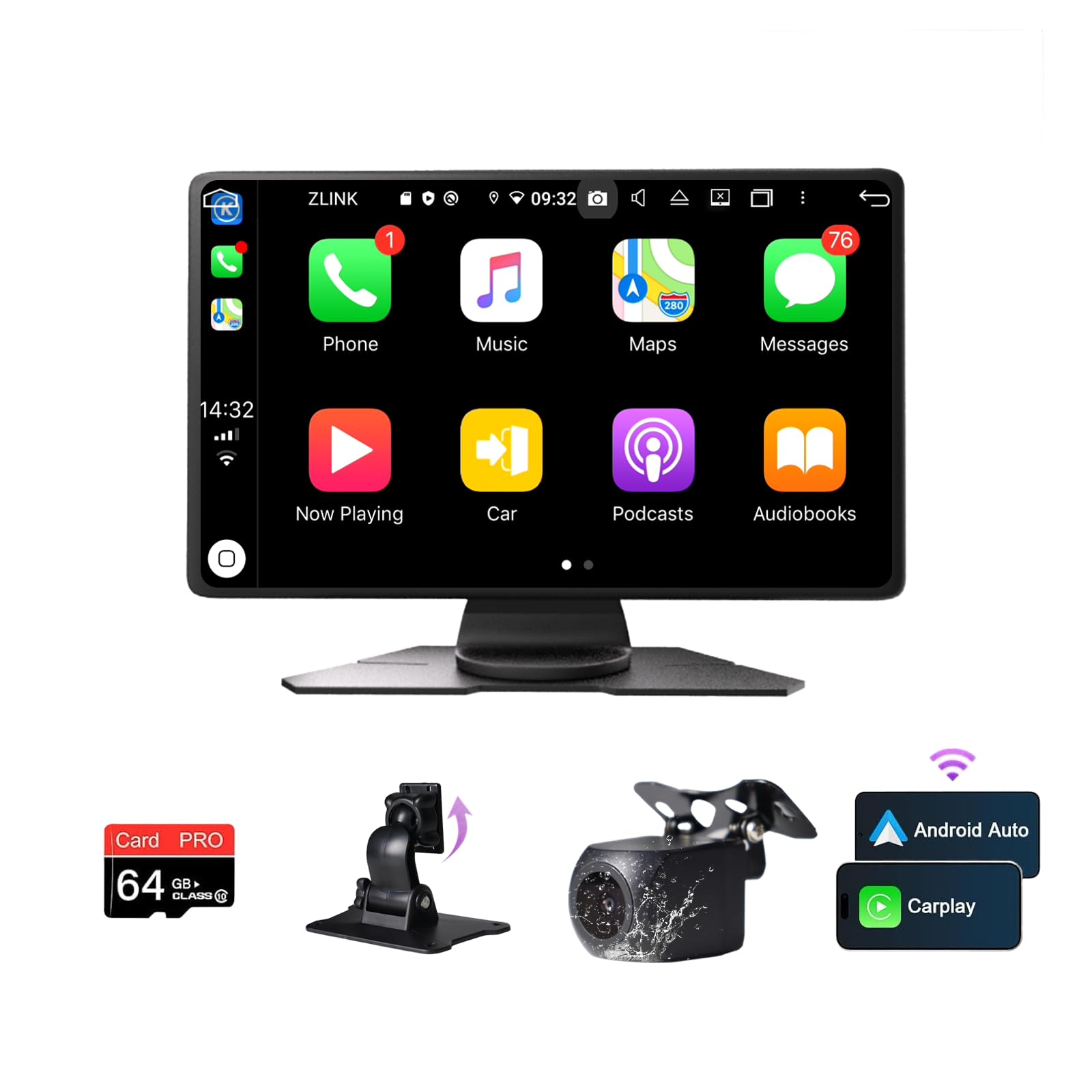 NUOTIAN Carplay Android Auto Wireless, 9" schermo per auto, Telecamera di Retromarcia 1080P, GPS, Ricevitori Audio per Auto, Mirror Link, Controllo Vocale, FM/Bluetooth 5.3, Con Scheda 64GB,4K