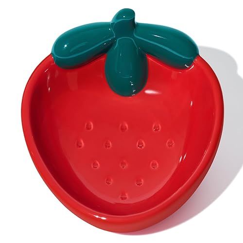 VETRESKA Ceramic Pet Bowl Tilted Design Pet Feeder for Food and Water Anti Vomit Cat Bowls for Indoor Cats Cute Strawberry Cat Bowl Dishwasher Safe - Strawberry Bowl