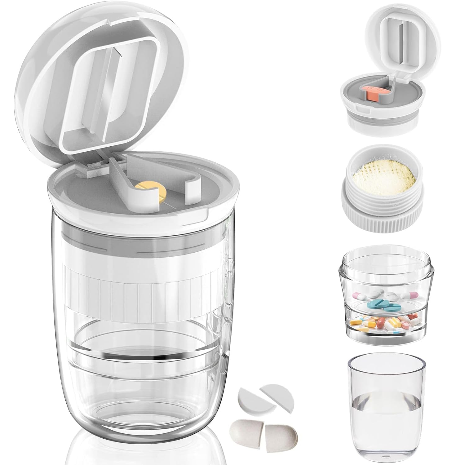 4 in 1 Pill Cutter Splitter - Tablet Cutters for Small or Large Pills, Pill Box Pill Splitter with Pill Case Storage Compartment, Pill Crusher Cut Pills in Half or 1/4 for Elderly and Pet (White)