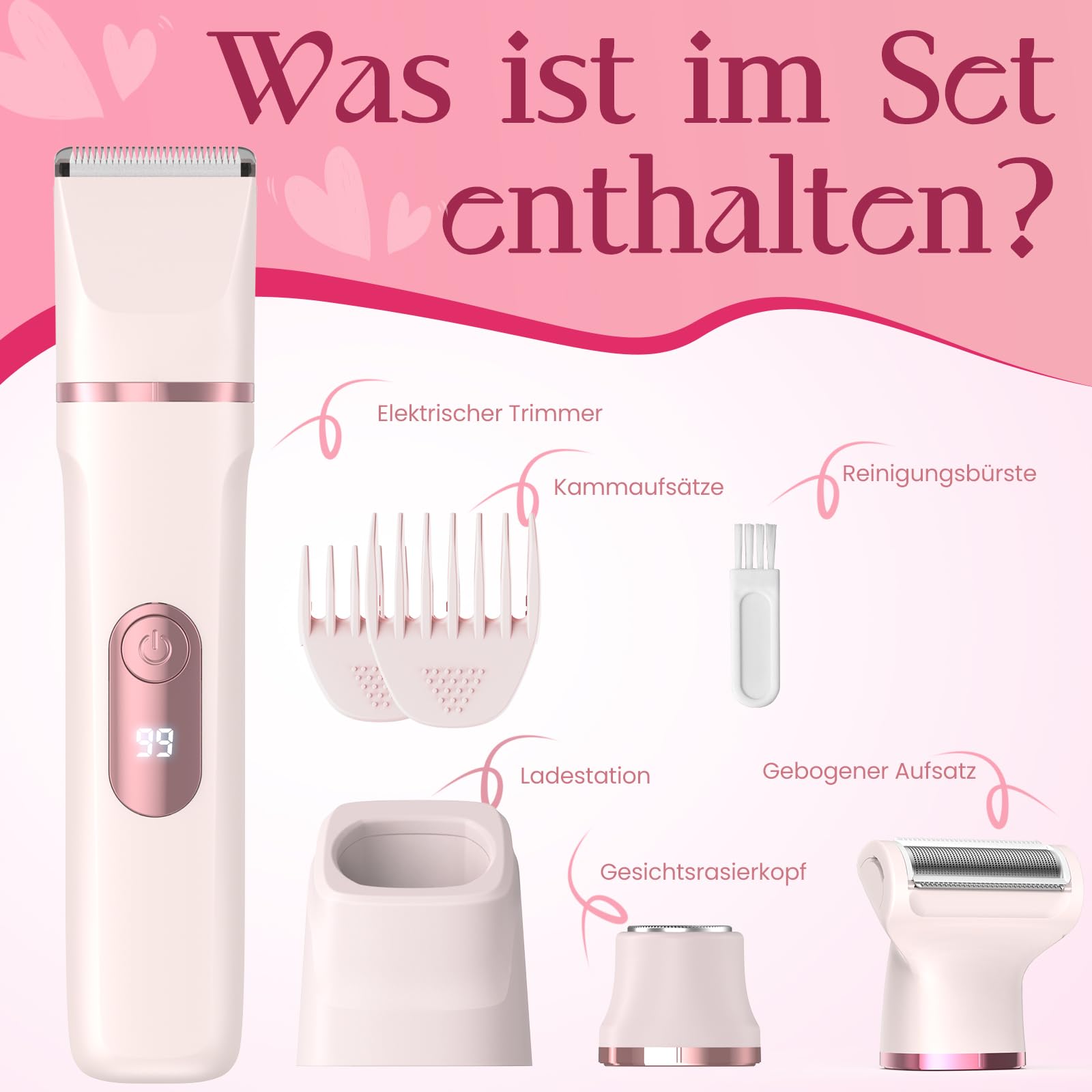 Rasierer Damen, 3-in-1 Intimrasierer für Frauen, für Körper & Intimbereich mit LED-Anzeige, Damenrasierer elektrisch IPX7, Wiederaufladbar mit USB-Ladestation, Trimmer Damen nass & trocken, Rosa