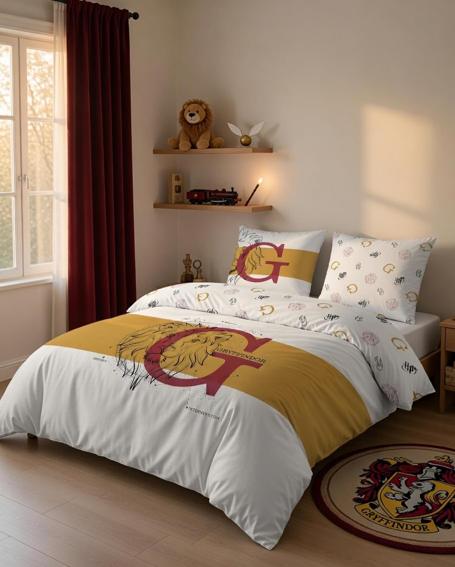 Warner - Housse De Couette Harry Potter Gryffondor Lion + Taie d'oreiller 63x63 cm - 100% Coton - Blanche/Or (220x240 cm)