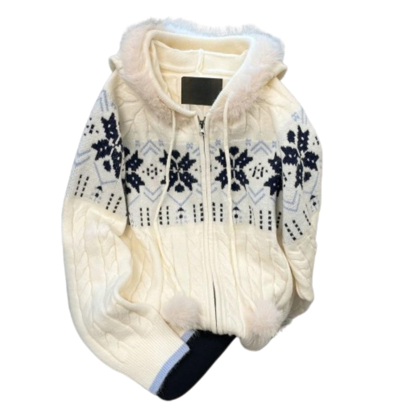 Fair Isle Cardigan for Women Zip Up Cardigan with Faux Fur Hood Long Sleeve Knit Sweater Winter Outerwear