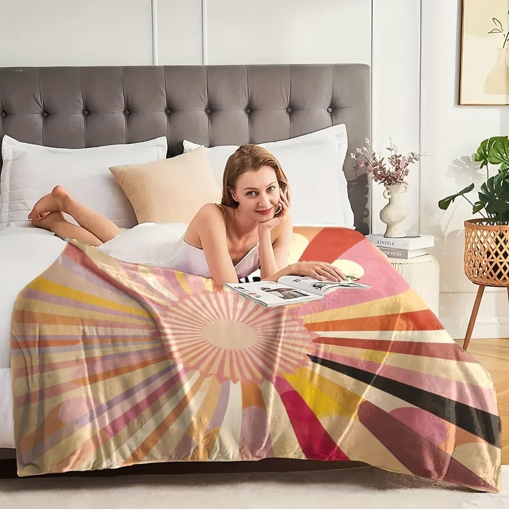 Lekki antystatyczny koc wełniany XXL 180 x 220 cm abstrakcyjne linie słońce super miękki flanelowy koc jasny kolor na łóżko sofa biuro ochraniacz na kolana łóżko samochód kemping plaża