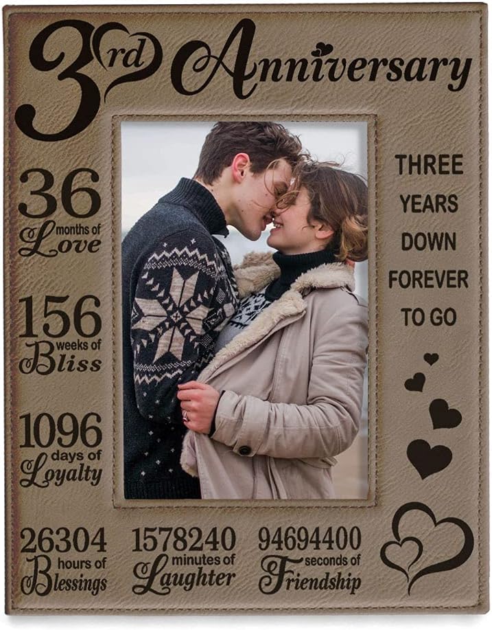 KATE POSH Our 3rd Wedding Anniversary, 3 Years Anniversary, 3 Years of Marriage, Gifts for Couple, Third Anniversary - Engraved Leather Picture Frame (5 x 7 Horizontal)