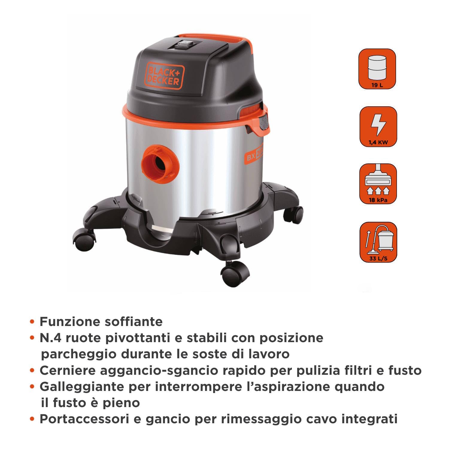 BLACK+DECKER Aspiratore Solidi e Liquidi BXVC20XE 1400 W 20 l