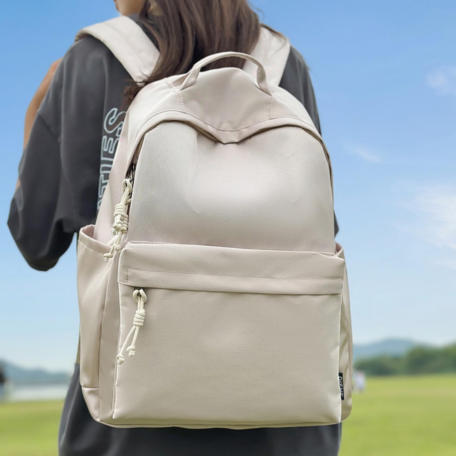 Zaino in Nylon Casual Multi Tasca, Scolastico per Laptop di Viaggio Giornaliero Adolescente-Beige