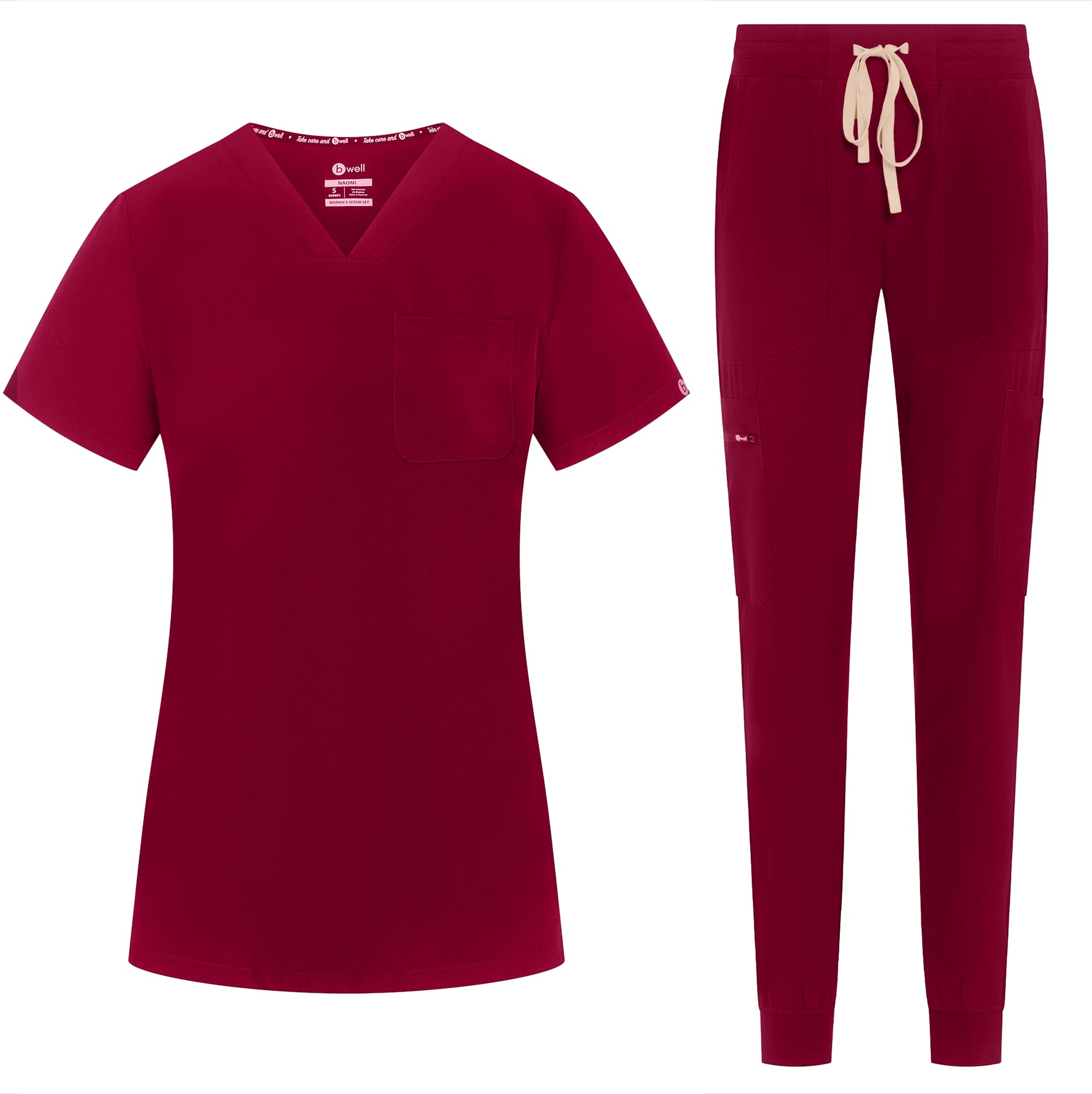 B-well Naomi Damen-Schrubb-Set Schlupfkasack + Schlupfhose Set Medizin Arzt Uniform Schlupfjacke Oberteil mit Hose Medizinische Berufsbekleidung mit Elastan (Burgund, L)