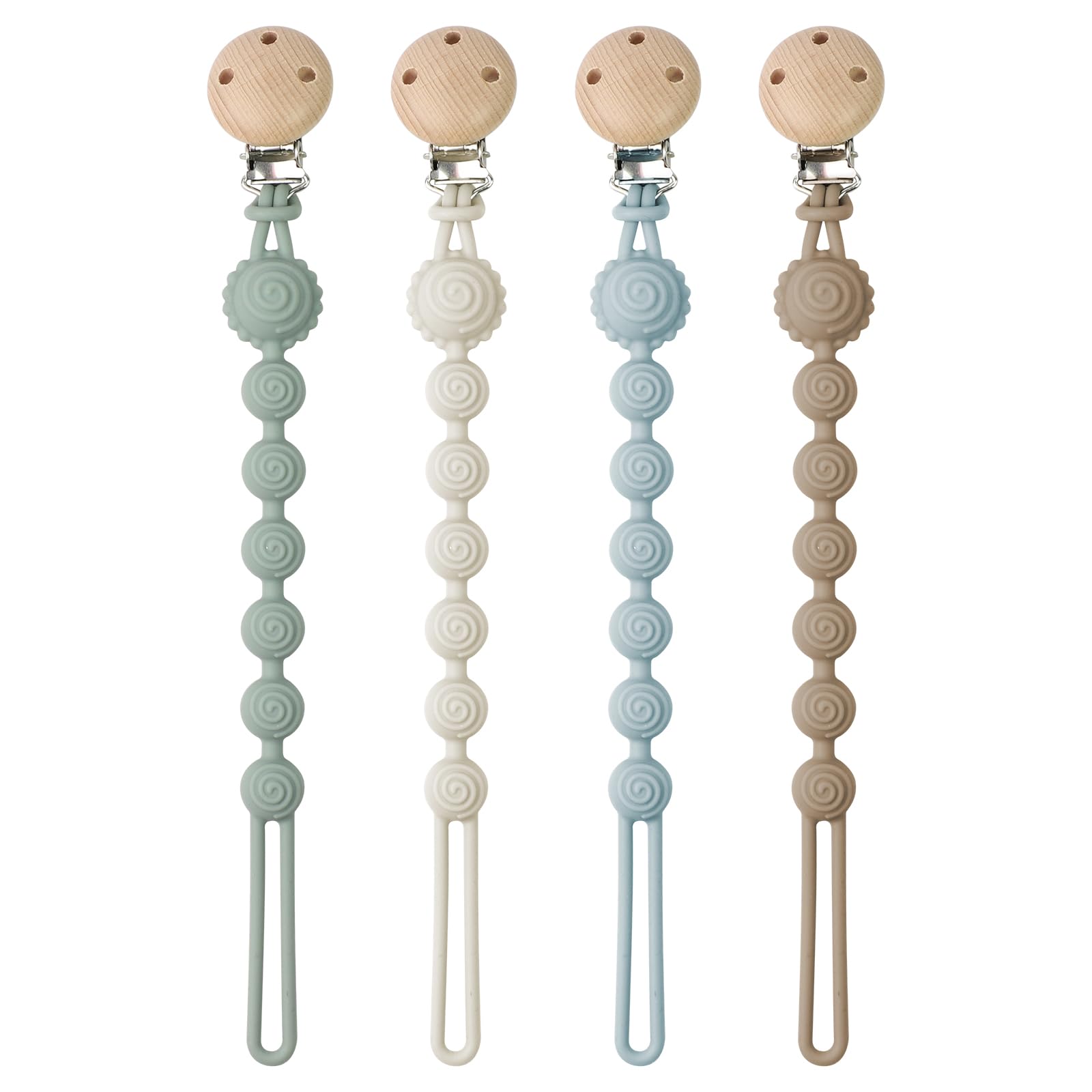 AYSYR 4 PCS Dummy Clip Boys Grils,Pacifier Clips Silicon,Dummy Chain Portable,Mam Soother Clips & Teether 2-in-1 Design,Dummy Strap BPA Free(4 Color