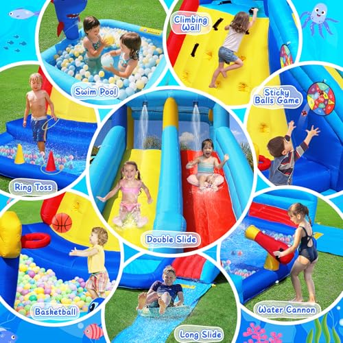 Water Bounce House Double Slide for Kids 3-12, Extra Large Inflatable Bouncy Castle with Long Slide, 550W Air Blower, Ball Pit, Swim Pool, Climbing, Bouncy House for Party Birthday Event