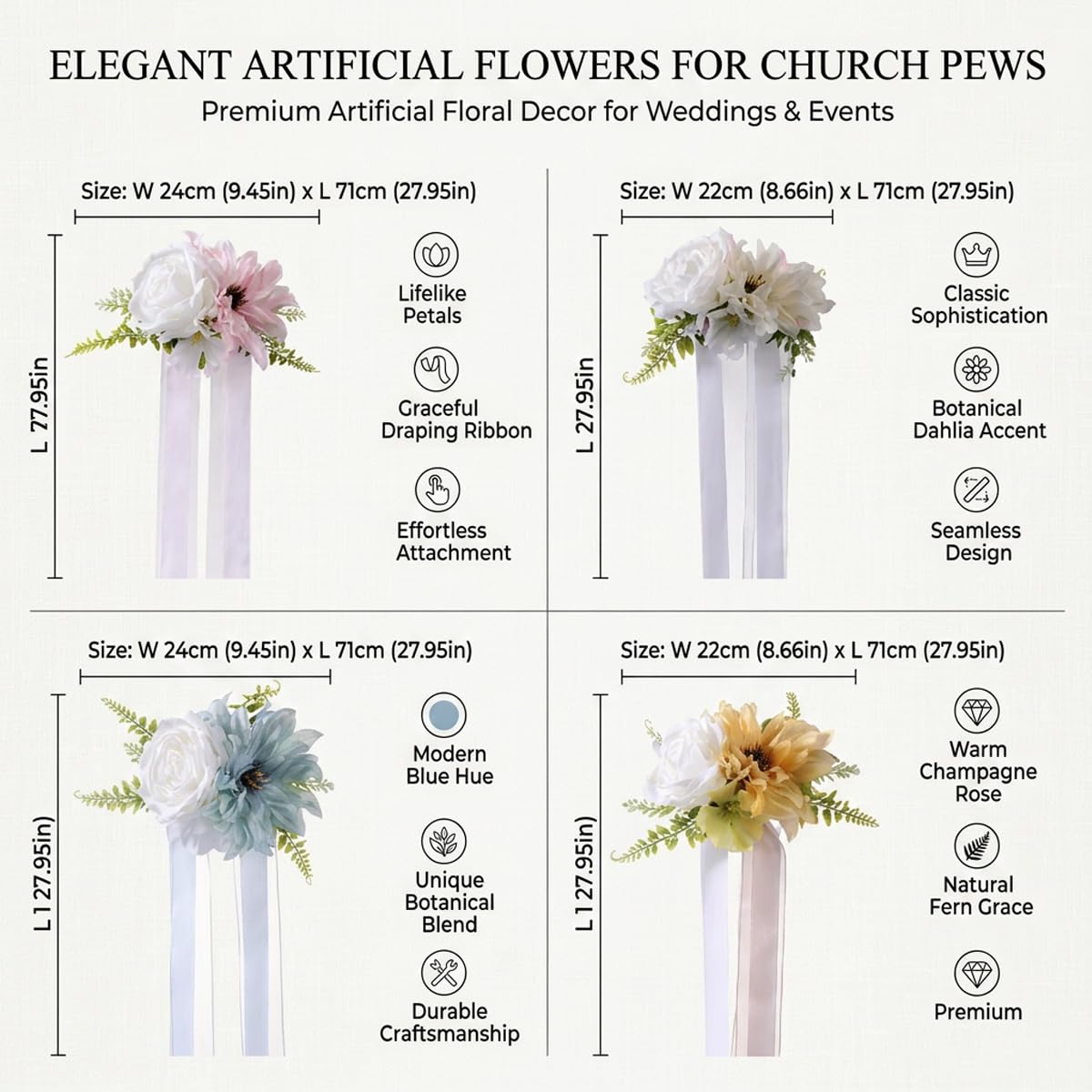 6 Stück Hochzeit Autoschmuck, Hochzeitsdeko, Vielseitige Hochzeits Stuhl Rückenblumen, Wiederverwendbare Künstliche Blume für Hochzeit, Zeremonie, Empfang, Blumendekorationen für Kirche Hellblau