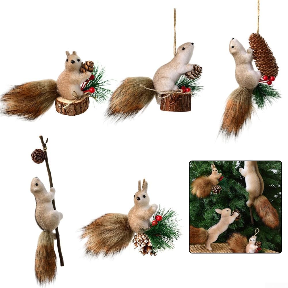 Juego de 5 adornos navideños de ardilla, decoración colgante de espuma ligera con colas articulables para árbol de Navidad, mochila o llavero, colgantes de animales falsos marrones