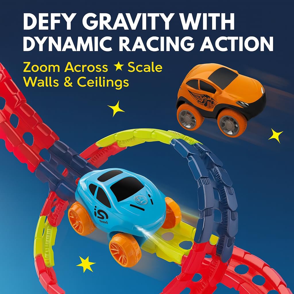 Anti Gravity Race Track with Car，Smartoonkids Antigravity Race Track，360° Electric Climbing Car Race Tracks with Lights, Flexible Race Track, Multicolor Glow in The Dark Race Car Track Set