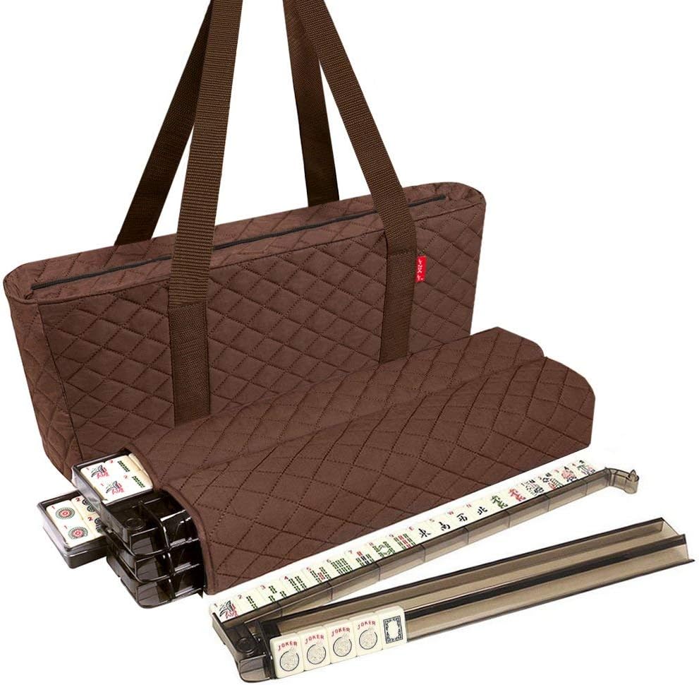 New American Mahjong Set - 166 Premium Ivory Tiles, All-in-One Rack/Pushers, Brown Soft Bag - Classic Mah Jongg Game Set