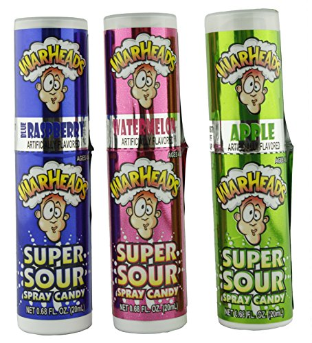 Warheads Super Sour Candy Spray Bottles, Sampler, Bundle, (.68 Oz. Bottles), Blue Raspberry, Apple and Watermelon