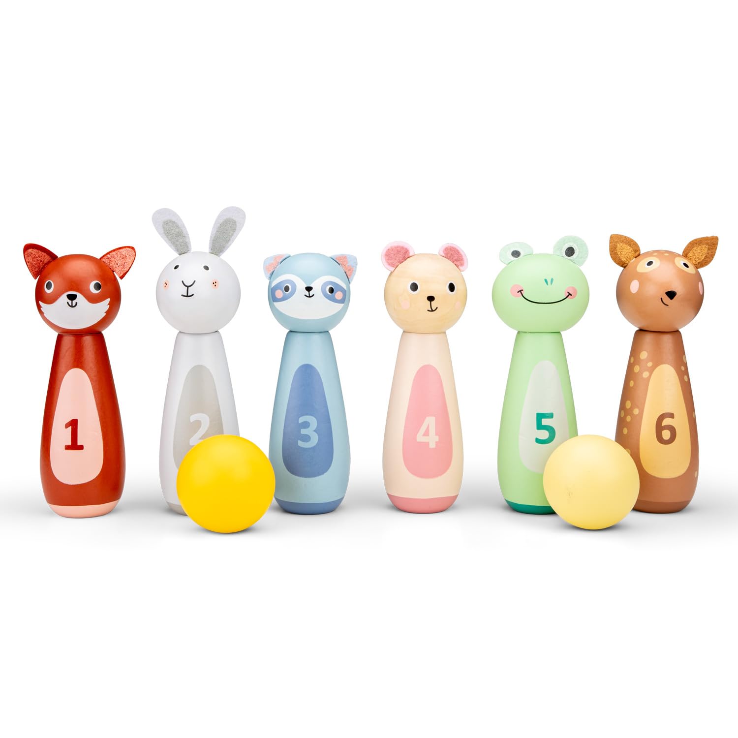 Woet® Jouet Bowling en Bois pour Enfants – Set avec 6 Quilles Animaux et 2 Boules – Jeu Intérieur Coloré pour Développement de la Motricité – À Partir de 3 Ans – Cadeau Filles et Garçons