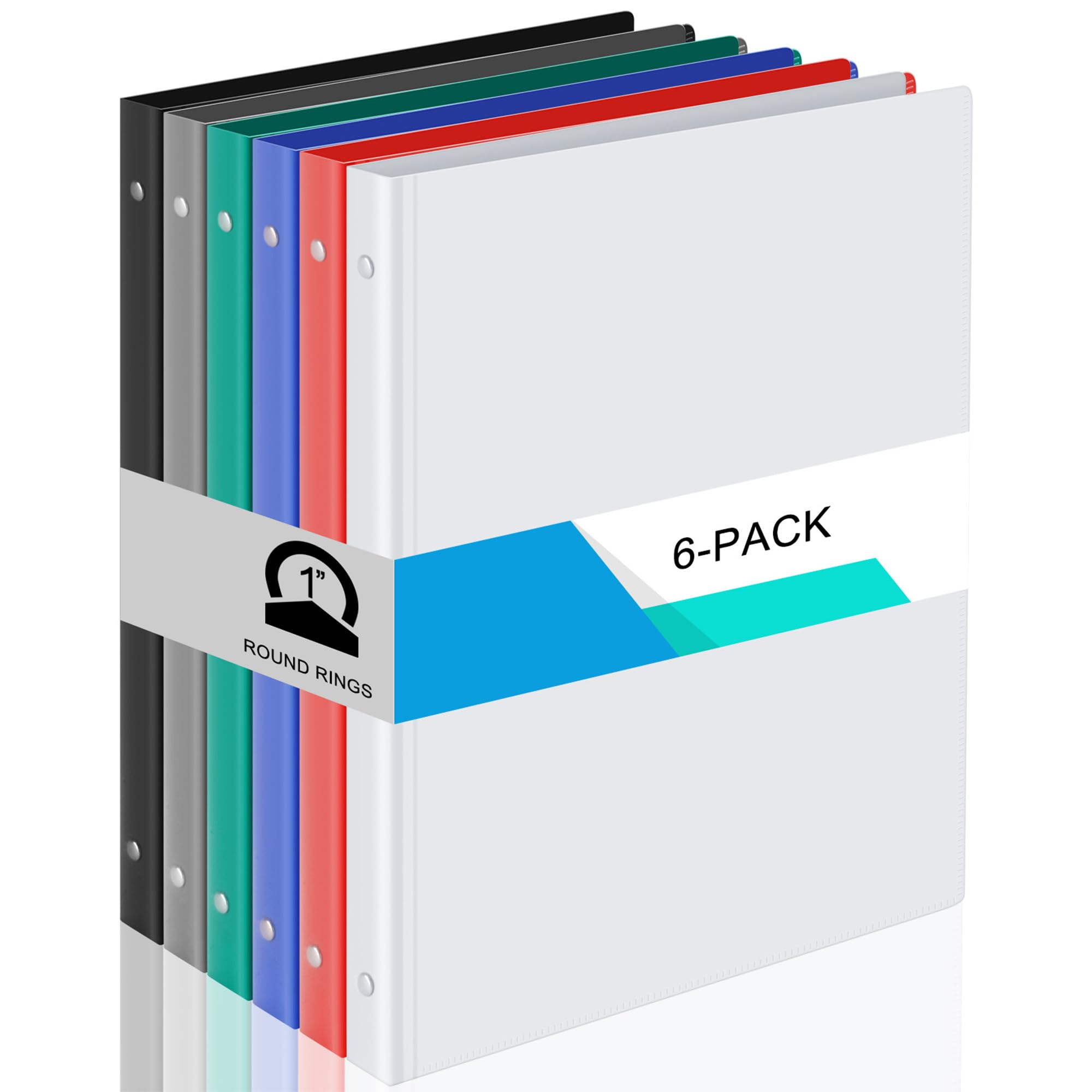 Fulmoon 6 Pack Plastic 3 Ring Binder Assorted Colors Economy Flexible Round Ring Presentation Binders with Pocket for Office School Meeting(1 Inch,
