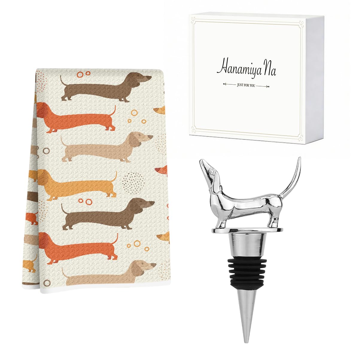 Hanamiya Na Dachshund Kitchen Towels with Wine Bottle Stopper 24x14 Inch, Dachshund Gifts Reusable Dish Towels for Kitchen Bars Decor, Wine Gift Weiner Dog Gifts for Women Men Birthday Gift