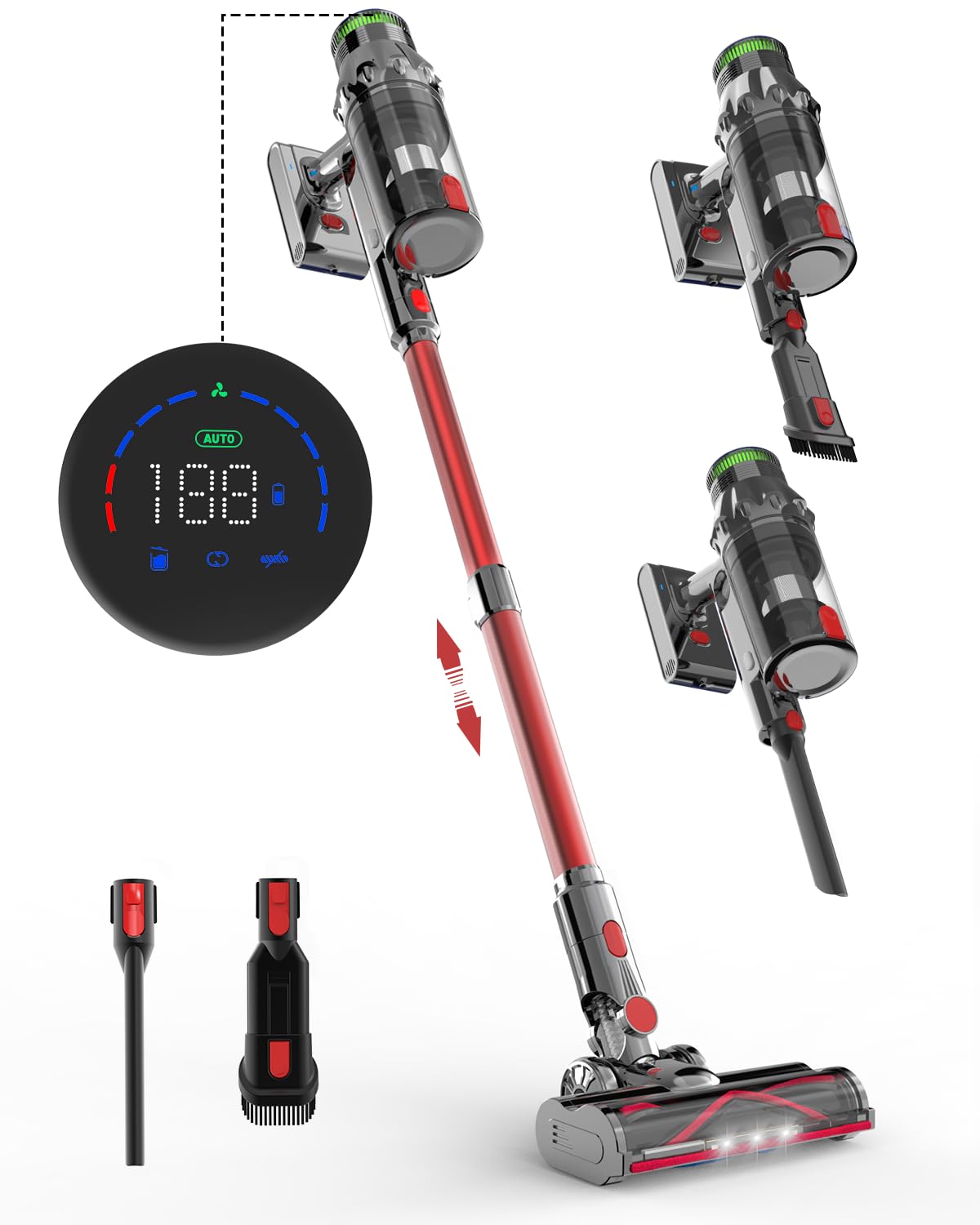 Cordless Vacuum Cleaner, Vacuum Cleaners for Home, 50KPA 500W Stick Handheld Pet Hair Hardwood Floor Vac, High Power Hand Held Rechargeable Battery Portable Household Lightweight Vac, C11 Red