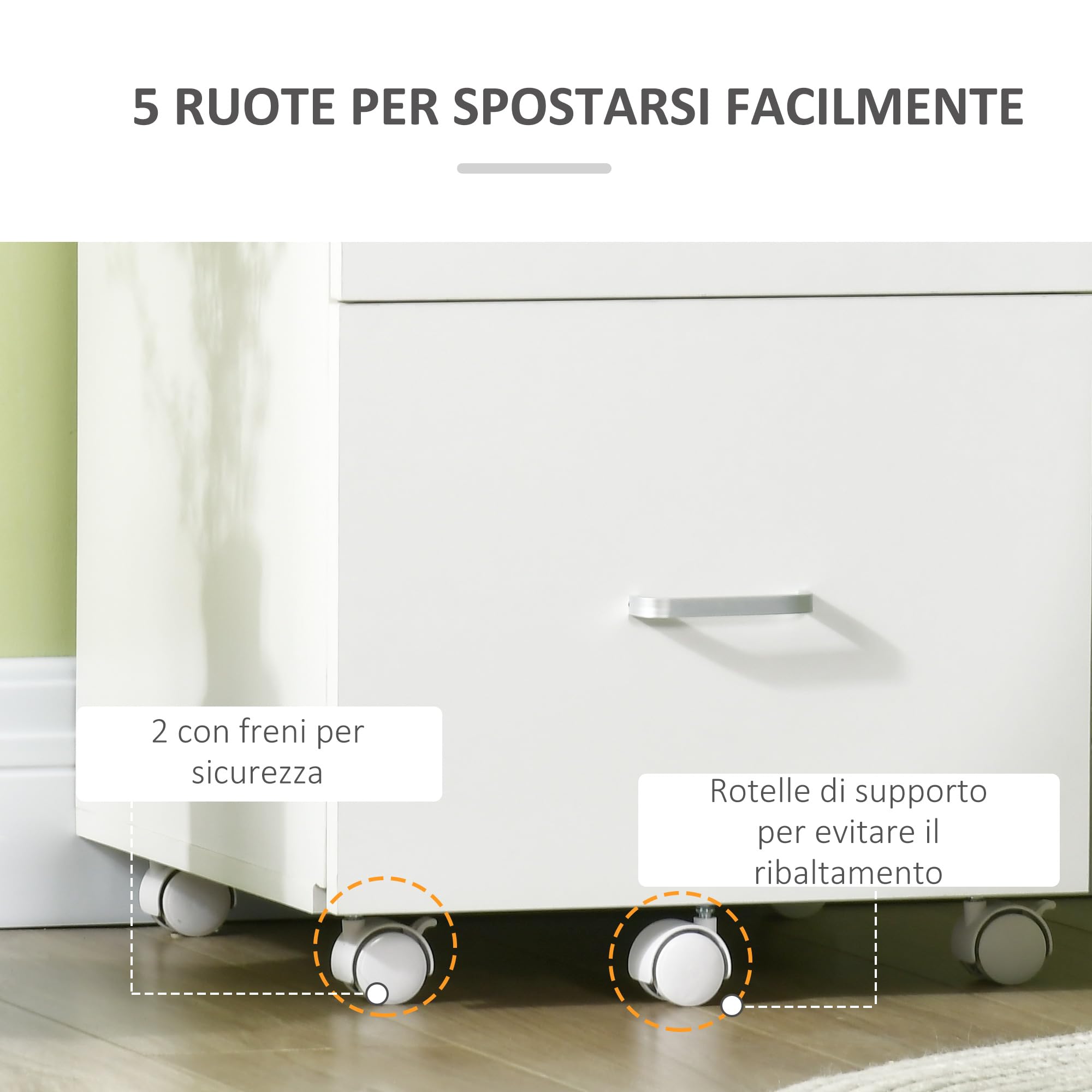 Vinsetto Armadietto da Ufficio e Studio con 2 Cassetti Bloccabili, 5 Ruote e Piano d'Appoggio, Schedario in MDF e Truciolato, 43x45x72cm, Bianco