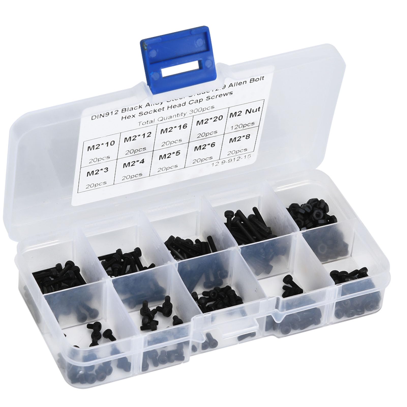 300pcs M2 x 3-20mm 12.9 grado nero esagono incassato bullone e kit dado bulloni a testa bombata in acciaio legato