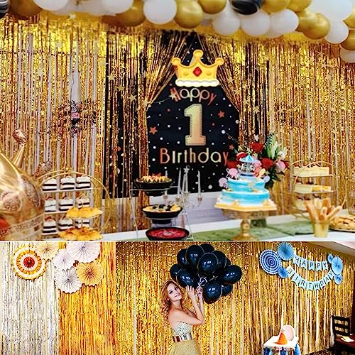 Image of 4Pcs Gold Fringe Backdrop 12.8x8.2 Feet Glitter Metallic Tinsel Foil Fringe Curtain, Gold Backdrop Curtain Door Streamers for Birthday Graduation Bachelorette Disco Christmas Party Decorations