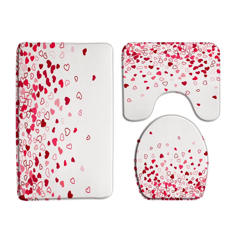 VPUPCN Valentine's Day 3 Pcs Bath Rugs Set,Falling Red Heart Sweet Love Romantic Couple Modern Bathroom Kitchen Rug with 17.8