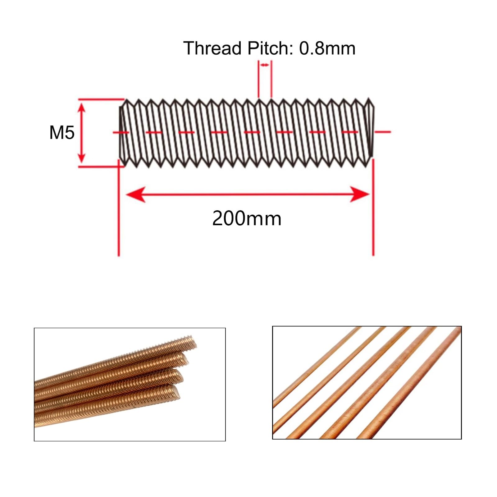 Varillas métricas roscadas de latón, 1 Uds(M10x200mm 1pcs)