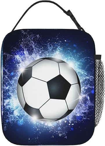 Miniatura 3 de Lonchera deportiva con estampado de fútbol, bolsa de almuerzo aislada azul para niños, adolescentes, niños y niñas, bolsa de almuerzo reutilizable,