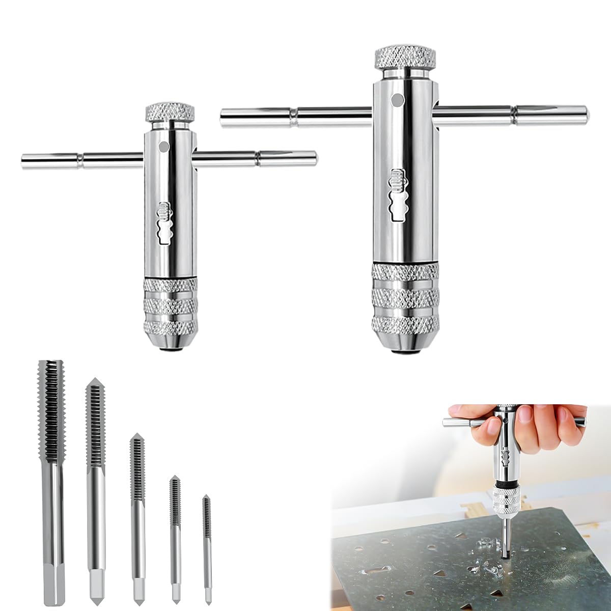 Kit 2 Pièces Clé à Tarauder Réglable HENGBIRD - Pour Tarauds M3-M8 Et M5-M12, Poignée T à Cliquet