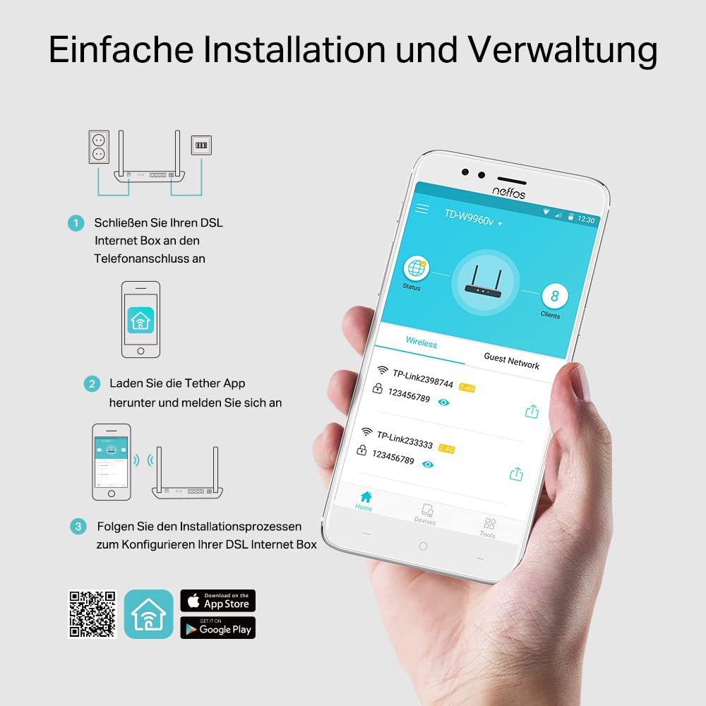 TP-Link TD-W9960v WLAN Telefonie VDSL DSL Modem Router (300 Mbit/s a 2,4GHz, VDSL-Vectoring 100Mbit/s, komp. mit Telekom/1&1/Vodafone/O2, DECT Basis und Mediaserver, nur für Deutschland) schwarz