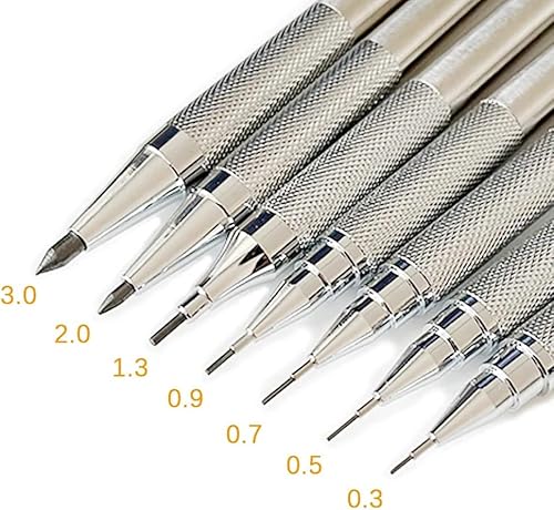 Miniatura 7 de 0.3 0.5 0.7 0.9 1.3 0.079 in Juego de lápices mecánicos de metal completo, pintura de dibujo, lápiz automático con correas, suministros escolares de