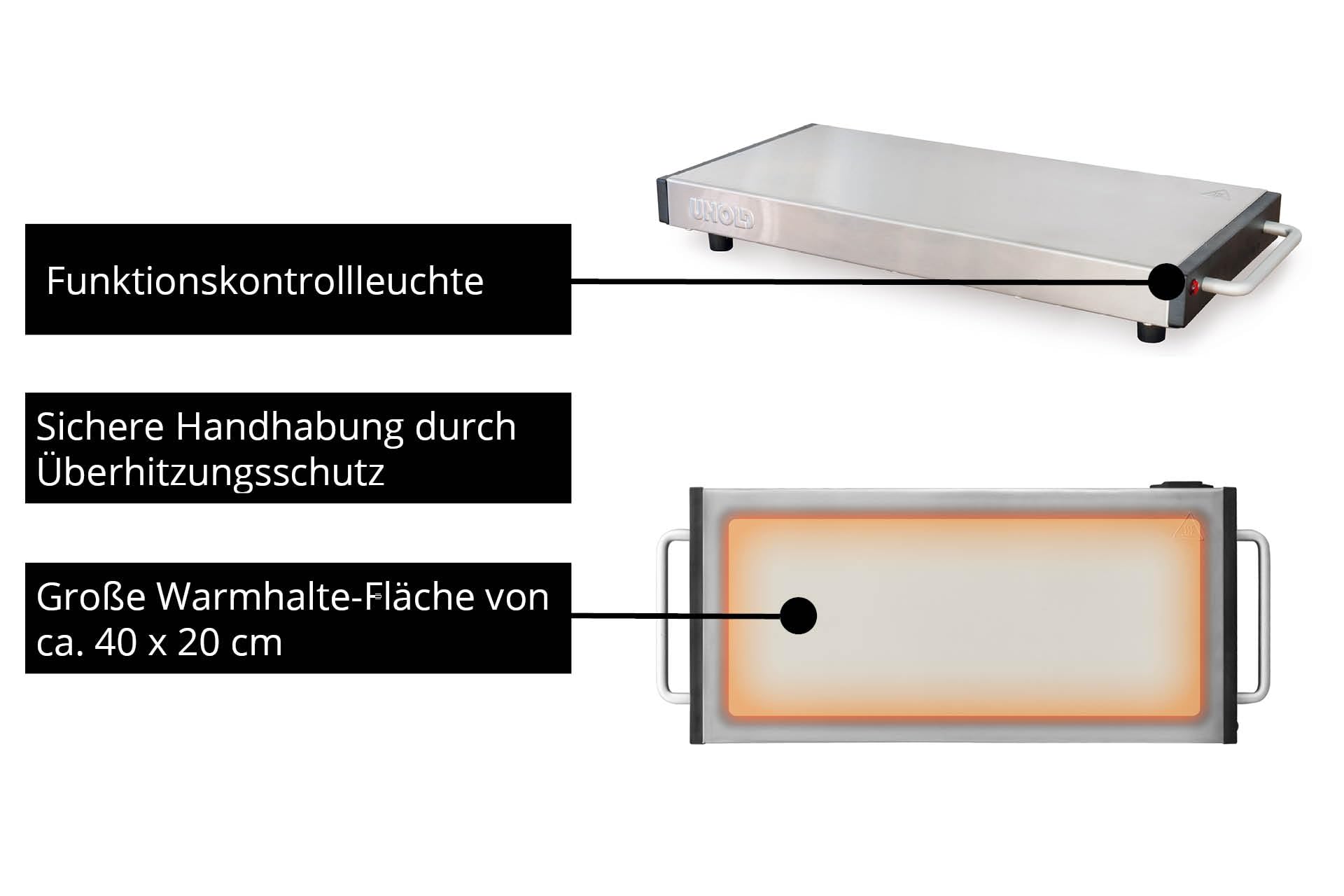 Unold Elena Wärmespeicherplatte 1100 Watt Keramik Edelstahl 40x20 cm mobil aufladbar Überhitzungsschutz