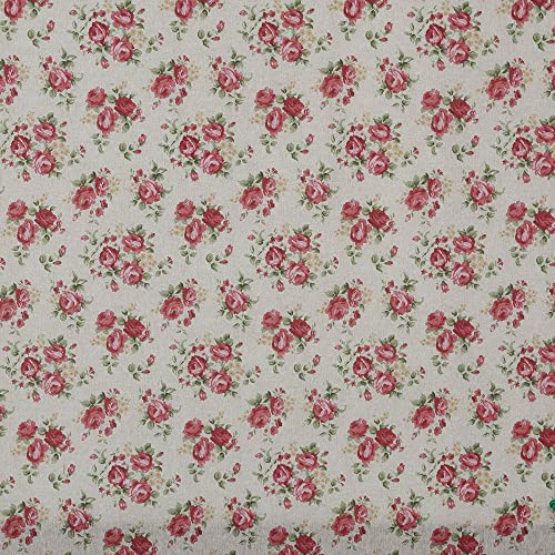 Tela de loneta estampada digital   Decoración, tapizar, cojines,cortinas, colchas, bolsos, manteles   Retal de 100 cm largo x 280 cm ancho | Floral Adeline   Rosa, rojo, beige, verde ― 1 metro