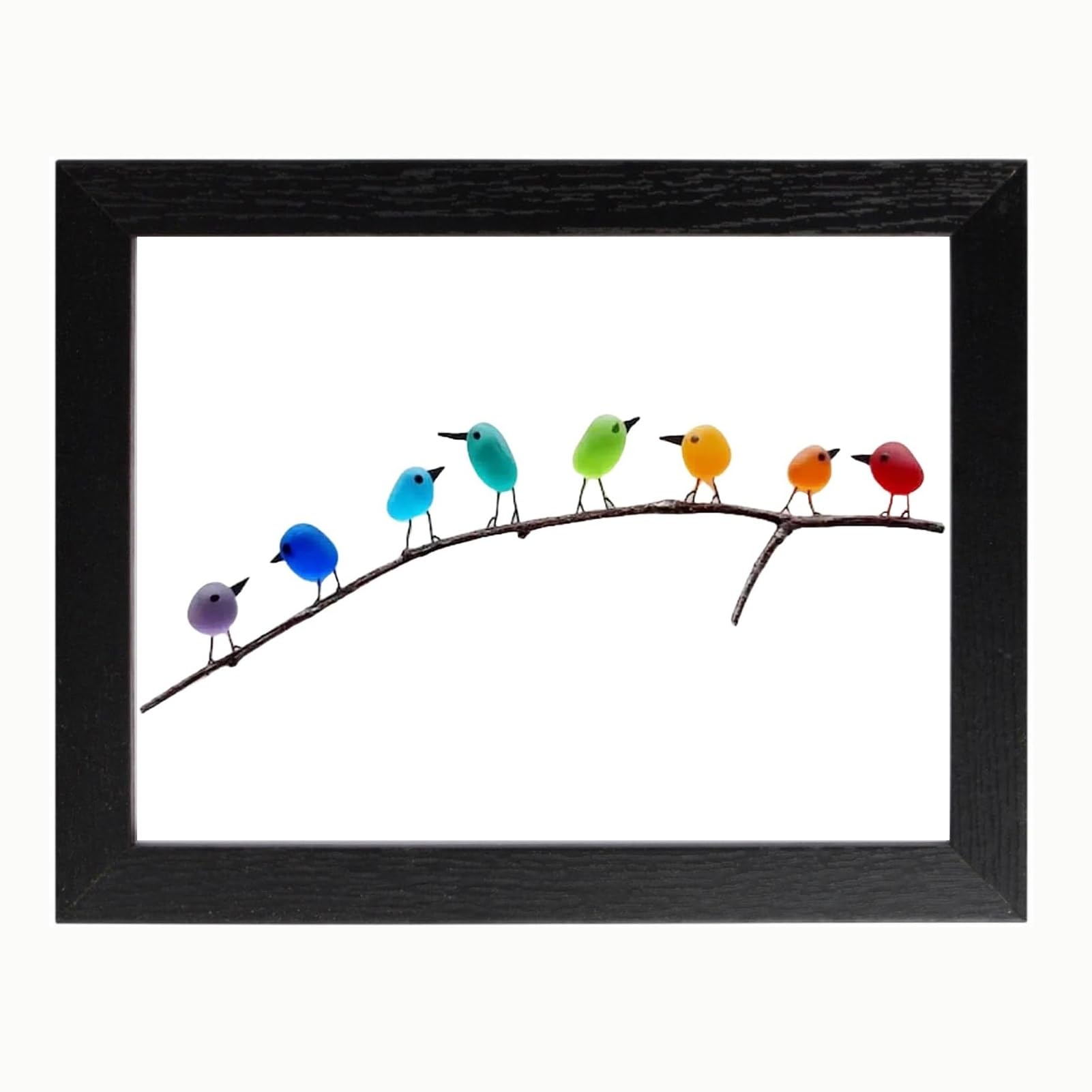AHQCBWG Sea Glass Art, Sea Glass Rainbow Birds on Branch, Sea Glass Decor, Glass Wall Art, Glass Birds, Beach Wall Art, Housewarmings, Birthday and Wedding Gifts(8 Birds,Black Frame)