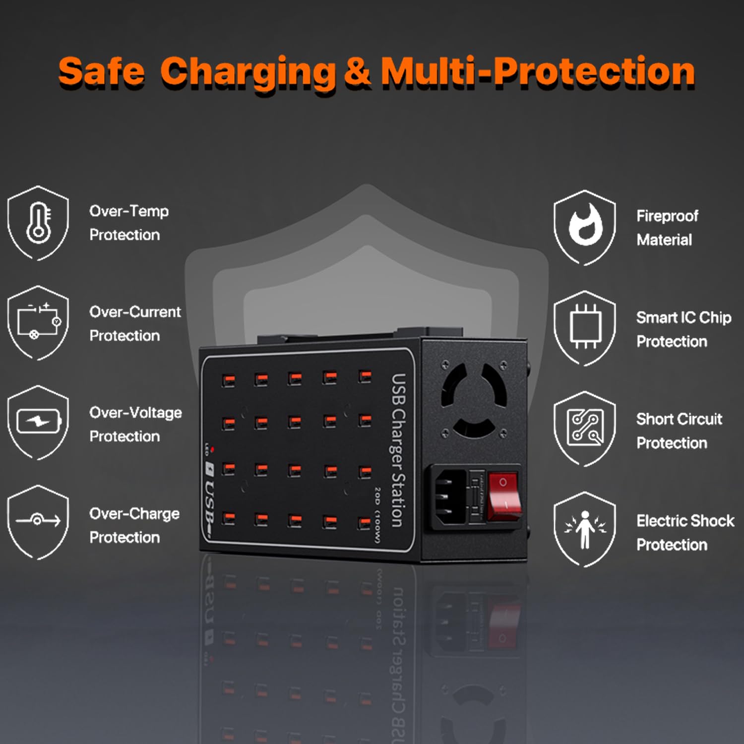 Multi-USB-Lader, Beveiligingen op Meerdere Niveaus 20-Poorts USB-Hub 20A 5V USB-Laadstation met Grote Uitgang voor Smartphones, Tablets, Meer(EU-Stekker