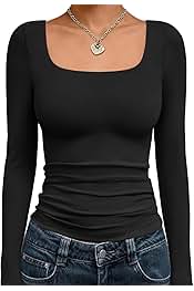 Womens Long Sleeve Shirts Crop Tops Fall Fashion 2025 Square Neck Going Out Basics Tees Y2k Clothes
