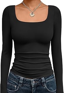 Womens Long Sleeve Shirts Crop Tops Fall Fashion 2025 Square Neck Going Out Basics Tees Y2k Clothes