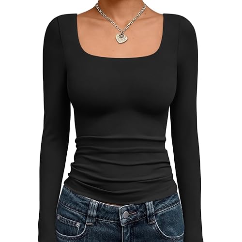 Trendy Queen Womens Long Sleeve Shirts Crop Tops Fall Fashion 2025 Square Neck Going Out Basics Tees Y2k Clothes