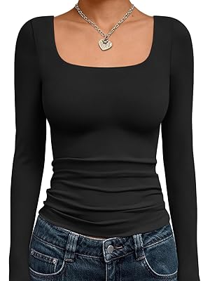 Trendy Queen Womens Long Sleeve Shirts Crop Tops Fall Fashion 2025 Square Neck Going Out Basics Tees Y2k Clothes