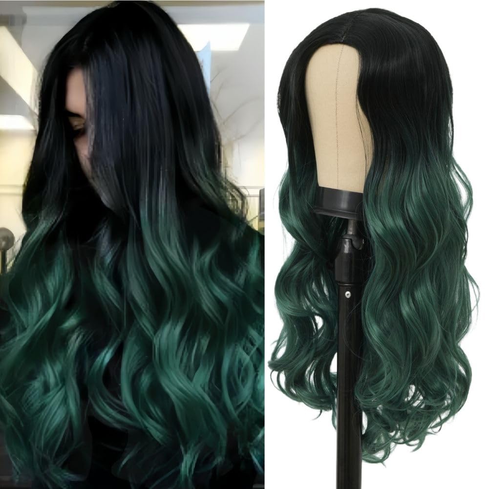 Siudus Black to Green Long Wavy Wigs for Women Curly Ombre Green Synthetic Natural Middle Part Wave Hair Wig for Halloween Daily Use