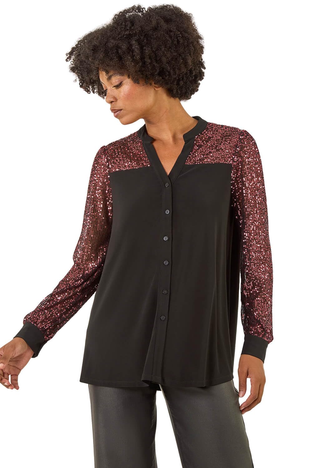 Roman Women's Rose Embellished Sequin Stretch Blouse Size 12