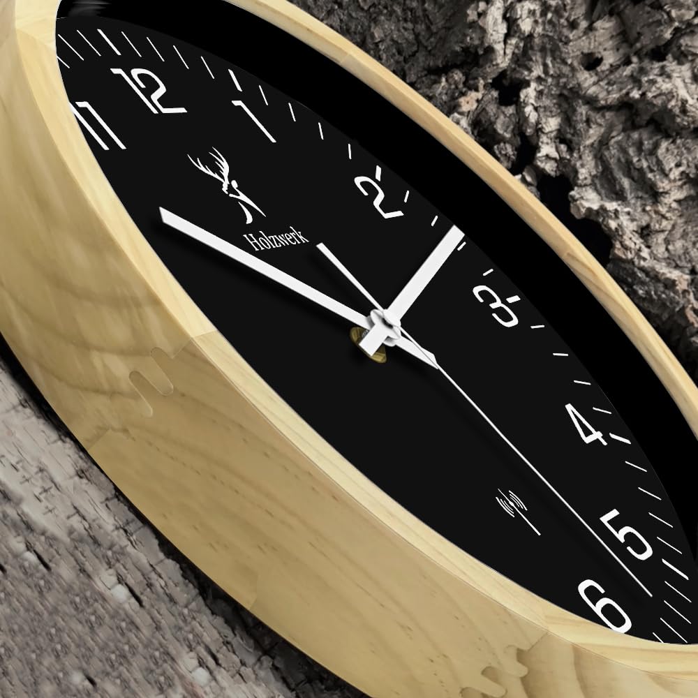 Holzwerk HILDBURG Funk Natur Holz Funkwanduhr Wanduhr Holz-Uhr Vintage Funkuhr lautloses Uhrwerk ohne Tickgeräusche Buche Braun Schwarz Weiß lautlos aus handgefertigtem Massivholz 30 cm