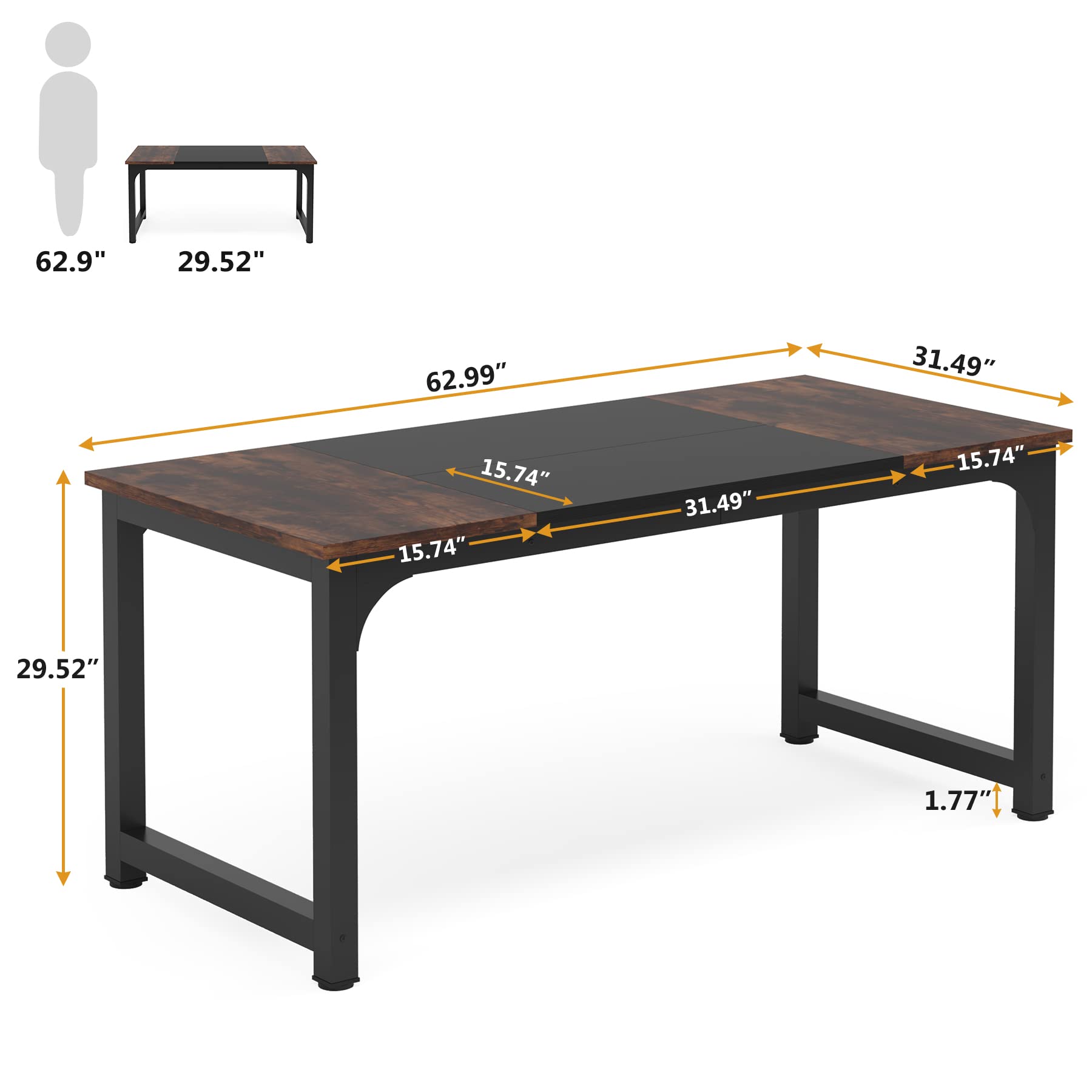Tribesigns Biurko 160 x 80 cm, duże biurko pod komputer, stół biurowy ze stabilnymi metalowymi nogami, stół roboczy, stół konferencyjny do biura domowego, rustykalny brąz, czarny