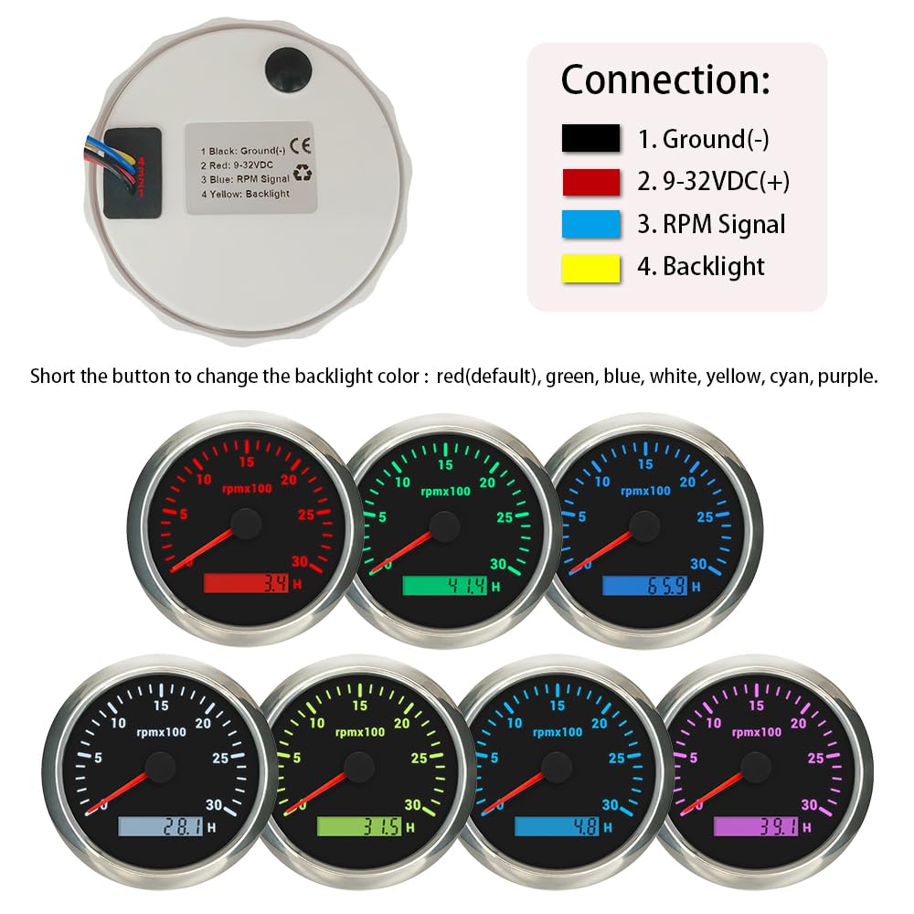 85mm Diesel Engine 24V Tachometer 3K RPM Gauge Hourmeter with 7 Adjustable Backlights for Auto Car Marine Boat (Black&Silver, 0-3000RPM)