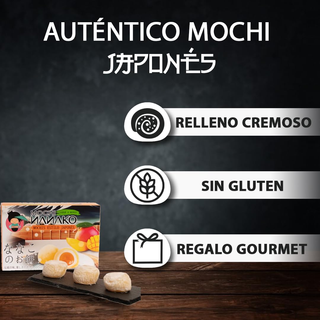 JAPON MARKET Mochi Japonés Sabor Mango Nanako 180g - Dulces Japoneses, Postre Exótico - Chuches Japonesas - Mochis - Snacks Japoneses con Mango - Comida Asiática Dulce - Caja de Chuches Japonesas