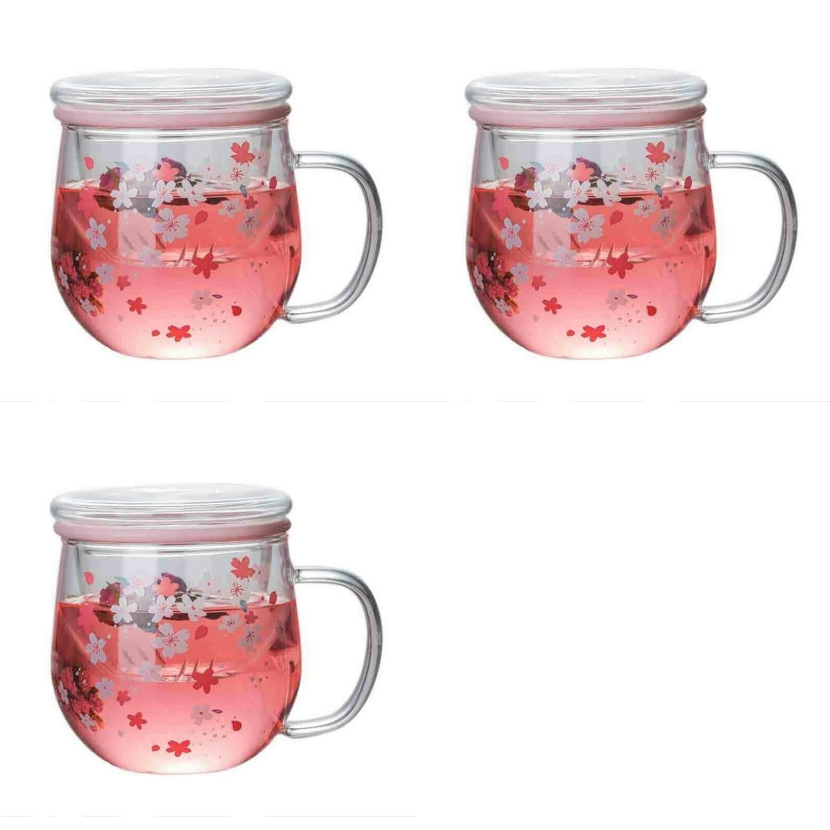 Hndhbfgrt 3X Mug Glass Mug with Tea Infuser Filter&Lid Cherry Blossoms Cup Set Blossoms Flower Teacup 300Ml