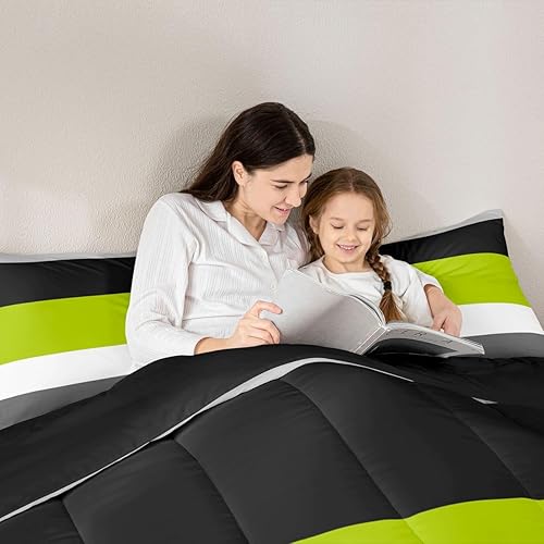 Miniatura 5 de Erosebridal Juego de edredón geométrico, edredón de plumón verde, negro y gris, juego de ropa de cama moderno de retazos a rayas para niños y