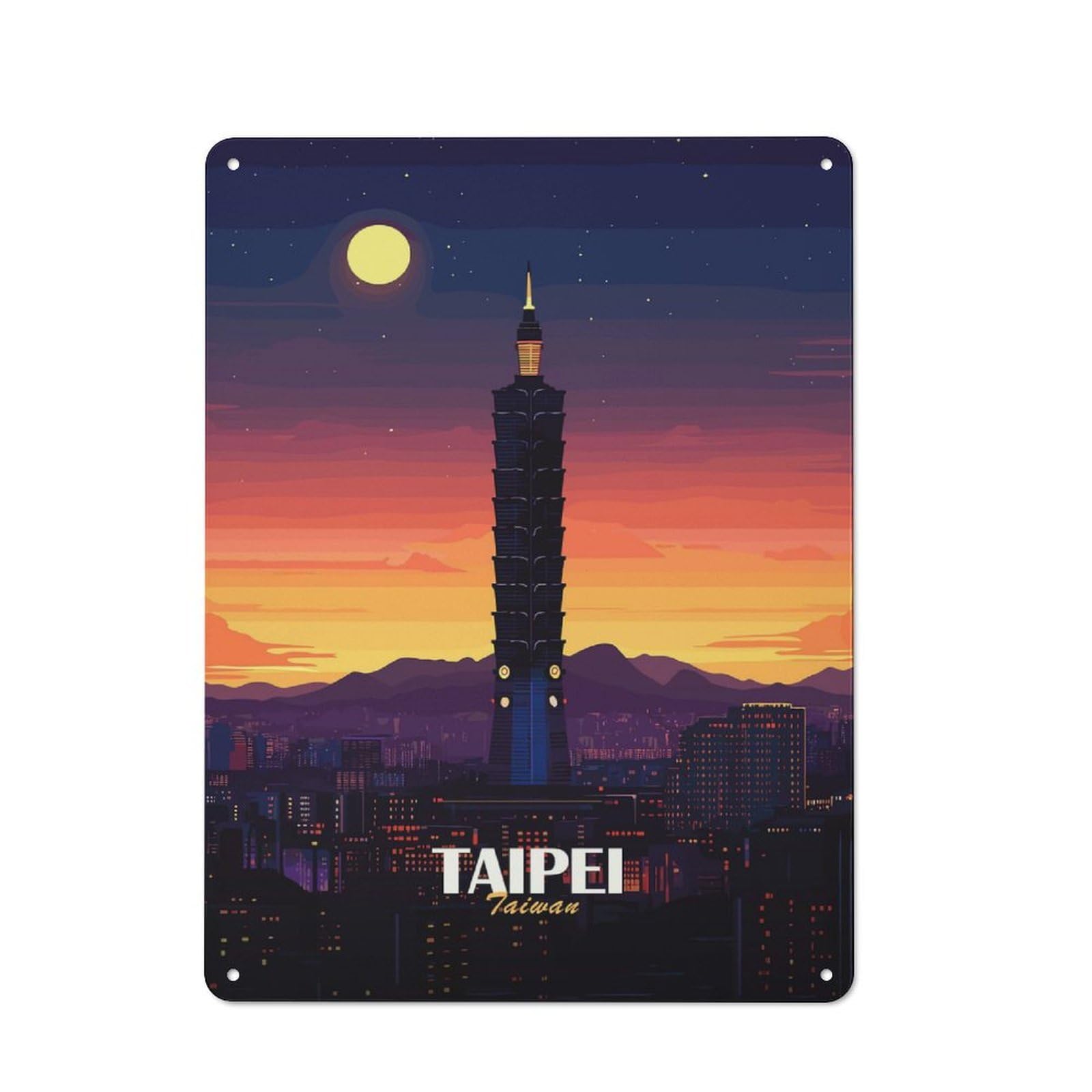 Junmoney Style For Café Or Home Bar, Taipei Taiwan Cityscape At Sunset Retro Metal Plaque 40X30cm, A Winter Wall Decor Update For Café- Decor Fans