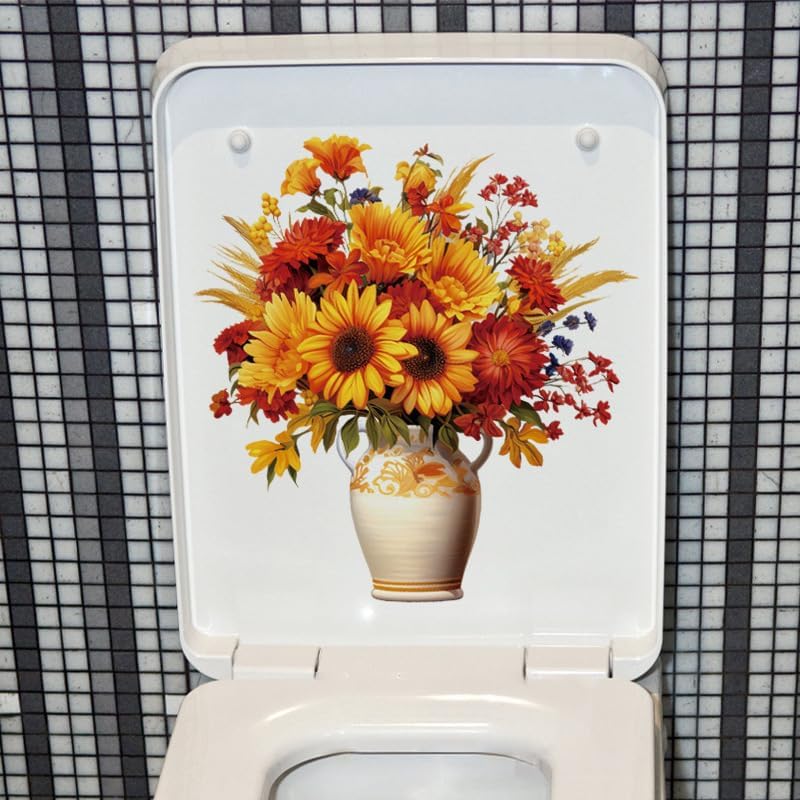 Chrysanthemum Flowers Toilet Cover Sticker Decals,Butterfly Daisy Flower Leaf Waterproof Toilet Lid Tank Seat Decals Cistern Self-Adhesive Bathroom Wall Sticker