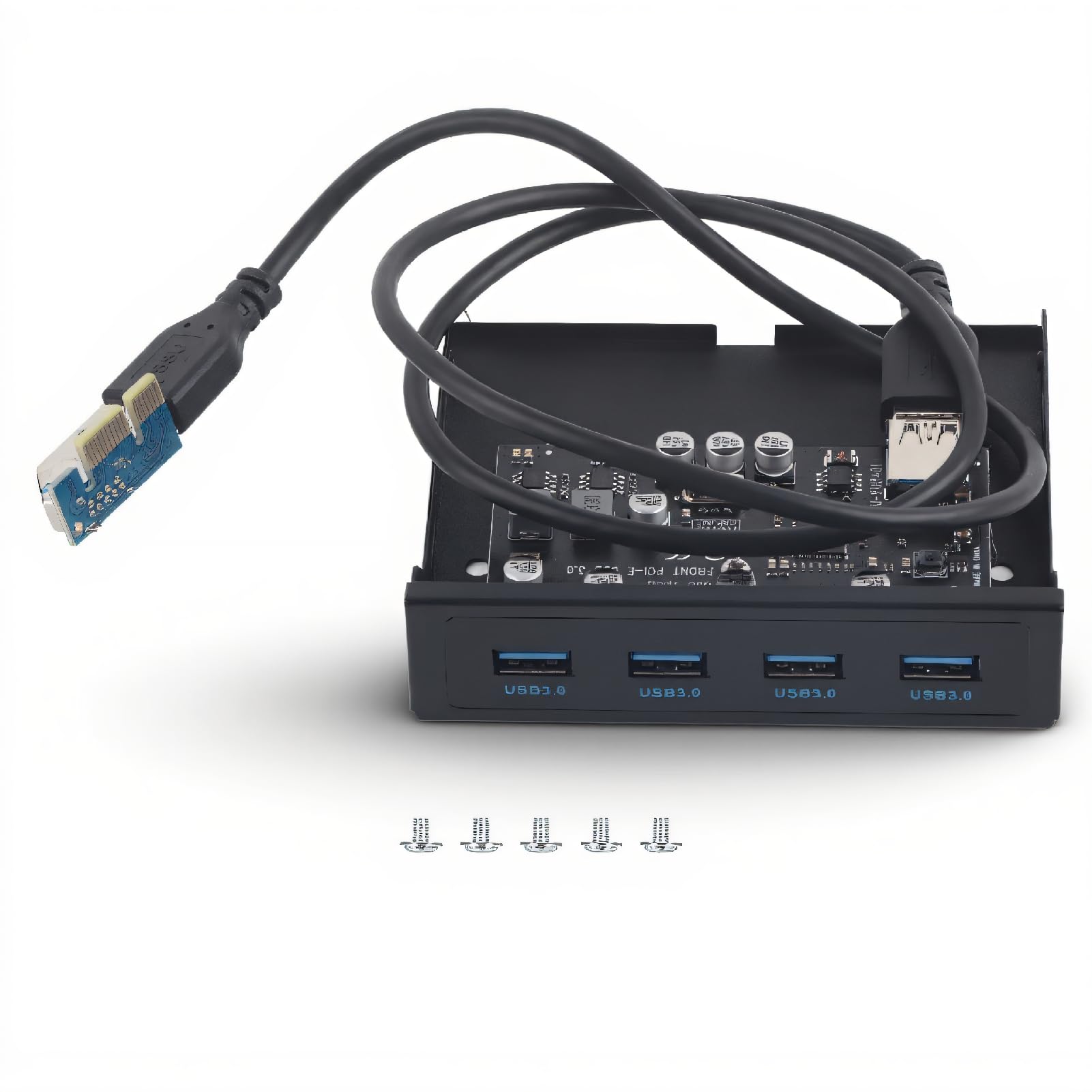 Panel Frontal USB PCI-E a 4xUSB3.0 para Chip Tarjeta de extensión Frontal Adaptador de bahía Flexible Tarjeta Vertical de expansión con Interfaz de alimentación SATA Negro